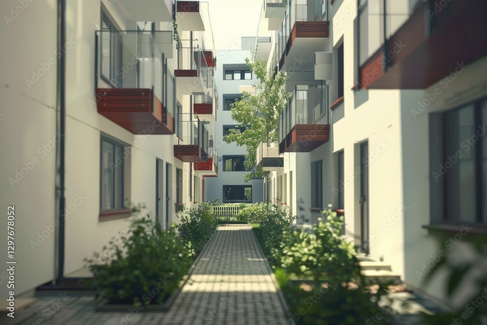Detailed Color Picture of Cozy Courtyard of Modern Apartment Buildings District with White Walls Detailed Color Picture of Cozy Courtyard of Modern Apartment Buildings District with White Walls