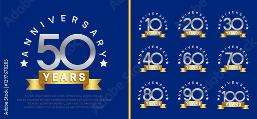 anniversary set logotype. vector design silver color with gold ribbon can be use for celebration