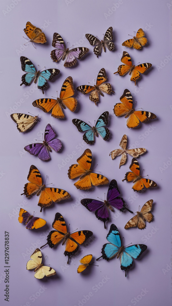 Fototapeta premium Vibrant Assortment of Butterflies on a Pastel Purple Background – Colorful Insect Photography for Nature Lovers