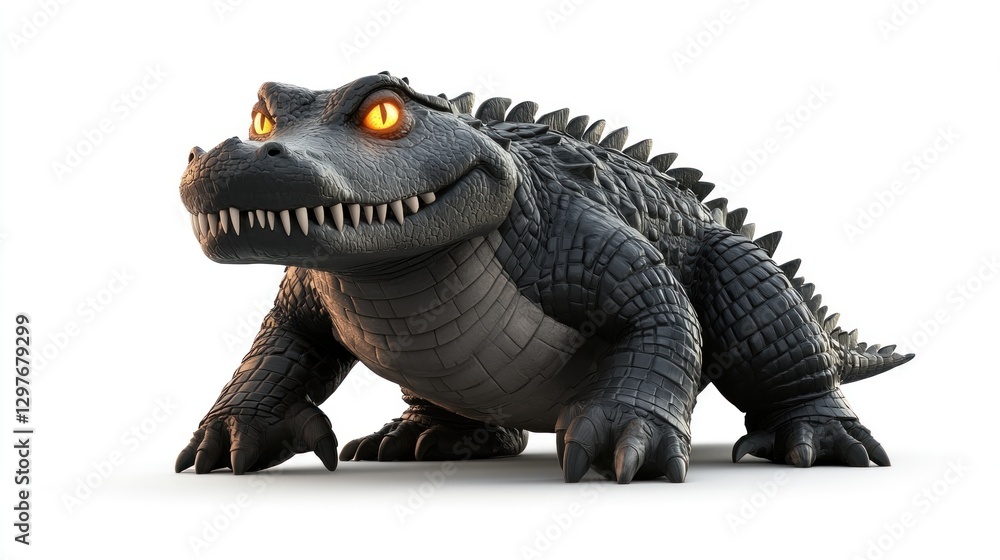 Fototapeta premium Cartoon alligator creeping forward, glowing eyes, isolated on a bright white background