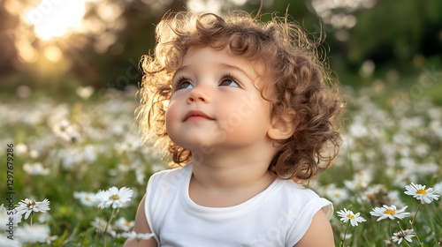 Wallpaper Mural Child gazes up in daisy field at sunset. Innocence Torontodigital.ca