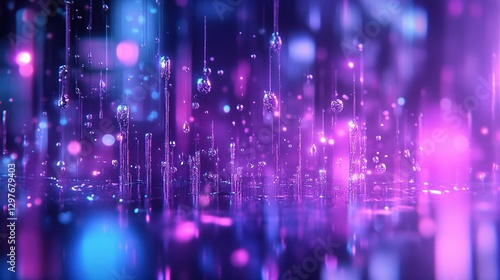 Illuminated crystalline structures and droplets create an abstract scene