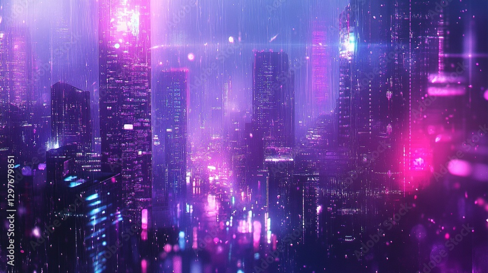 Vivid futuristic cityscape with illuminated buildings and atmospheric weather effects Vivid futuristic cityscape with illuminated buildings and atmospheric weather effects