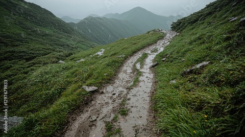 Mountain Hiking Trail, Muddy Path, Rainy Day, Green Hills