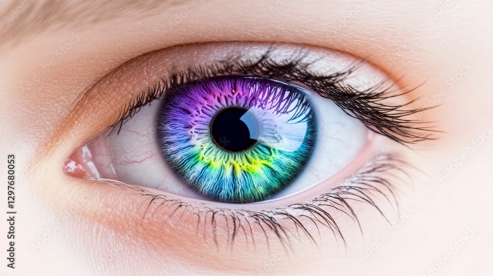 Detailed Macro Shot of a Human Eye with Vibrant Rainbow Colored Iris and Eyelashes Detailed Macro Shot of a Human Eye with Vibrant Rainbow Colored Iris and Eyelashes