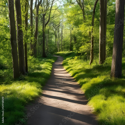 Green forest path with sunlight filtering through trees