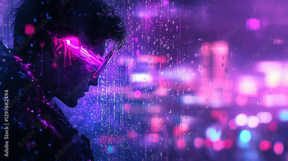 A person wearing illuminated eyewear in a rainy city setting A person wearing illuminated eyewear in a rainy city setting