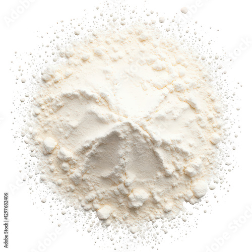 Pile of white flour on a clean white background, ideal for use in food-related projects, baking designs, culinary presentations, and ingredient illustrations.