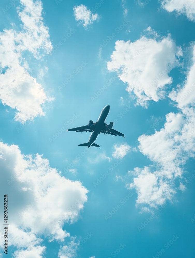 Plane flying through a clear sky with fluffy clouds during daylight hours above a bustling city. Generative AI Plane flying through a clear sky with fluffy clouds during daylight hours above a bustling city. Generative AI
