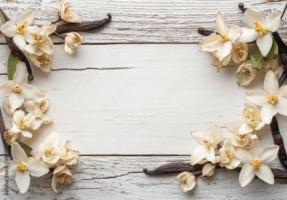 Delicate White Flowers and Vanilla Pods Arranged on Rustic Wooden Surface for Natural Beauty and Floral Inspiration Delicate White Flowers and Vanilla Pods Arranged on Rustic Wooden Surface for Natural Beauty and Floral Inspiration