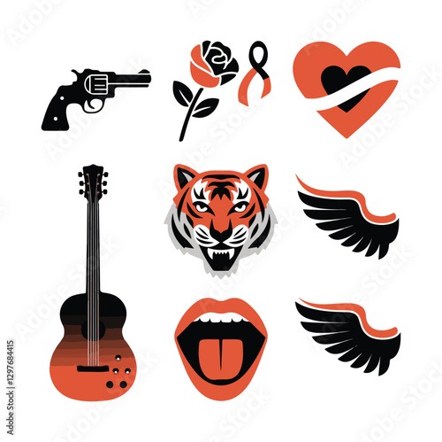 Rock and roll icons collection. Vector illustration of rock music badges and symbols, such as gun and rose, heart with the ribbon, tiger face, guitar, open mouth and wings. Isolated on white