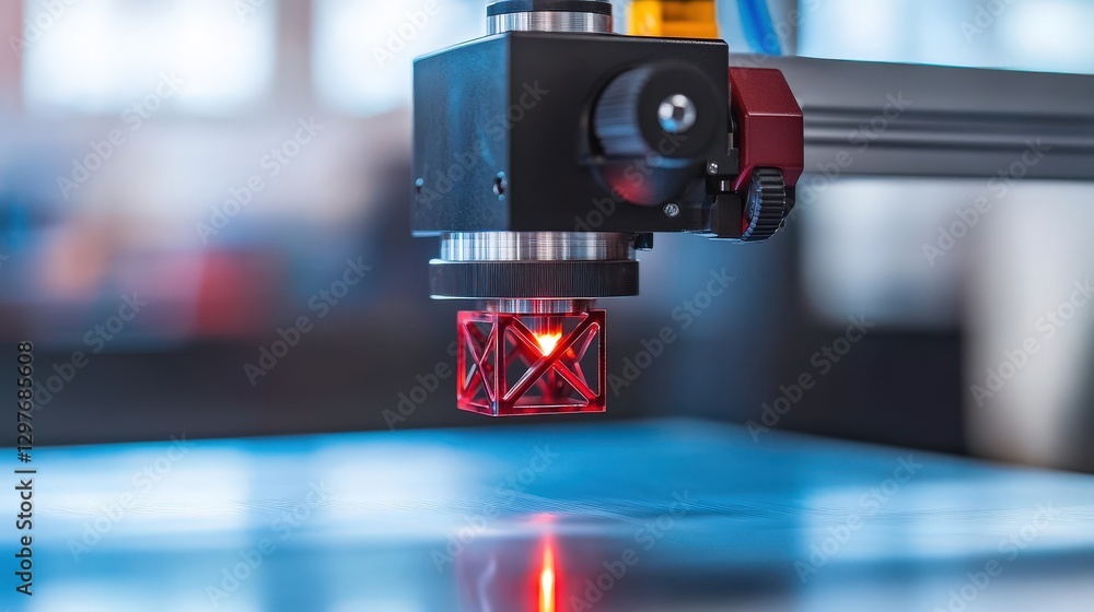 Close-up of a laser cutting machine's head emitting a red beam, showcasing precision and modern technology. Close-up of a laser cutting machine's head emitting a red beam, showcasing precision and modern technology.