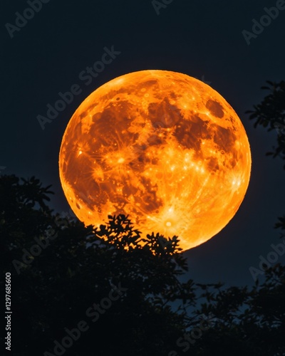 Dramatic orange full moon rising behind dark tree silhouette creating a surreal and captivating nightscape celestial event