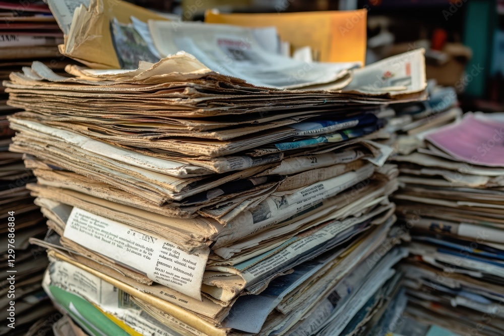 A pile of newspapers is stacked on top of each other A pile of newspapers is stacked on top of each other