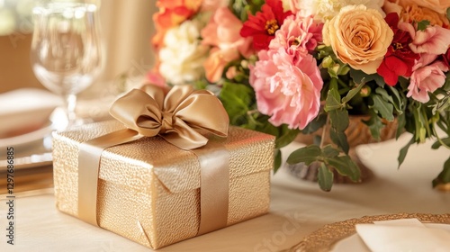 Gift box adorns floral tablescape inside, with bokeh background, celebration
