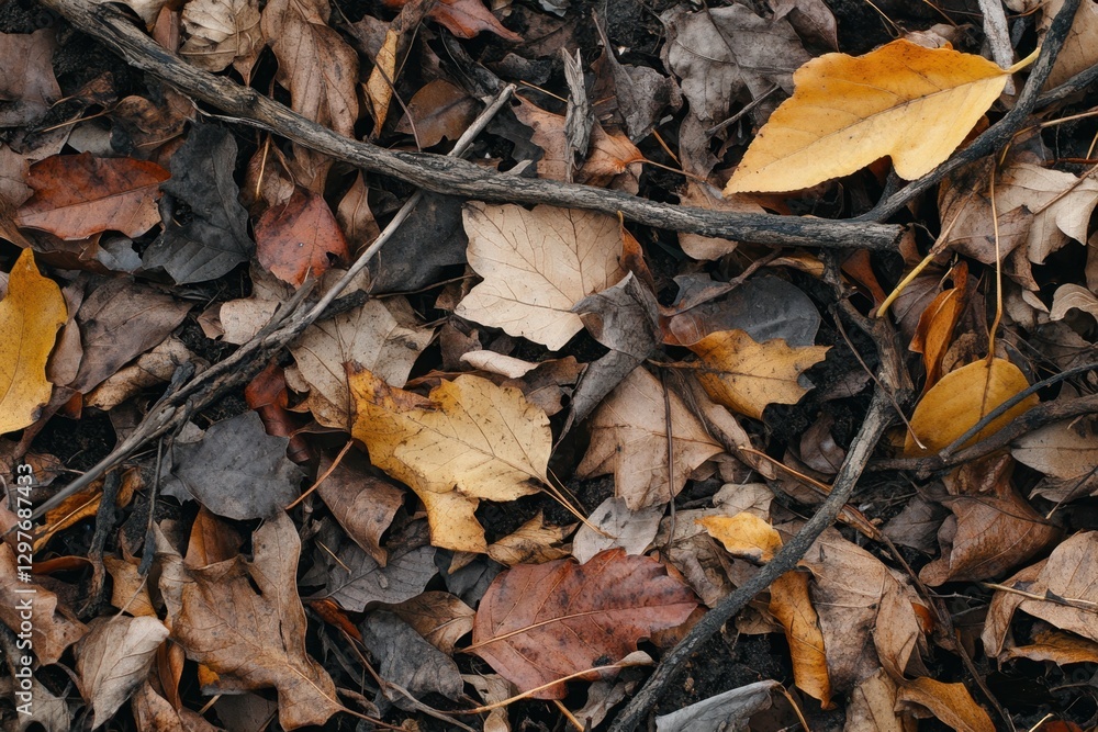 A pile of leaves with some twigs and branches on top A pile of leaves with some twigs and branches on top