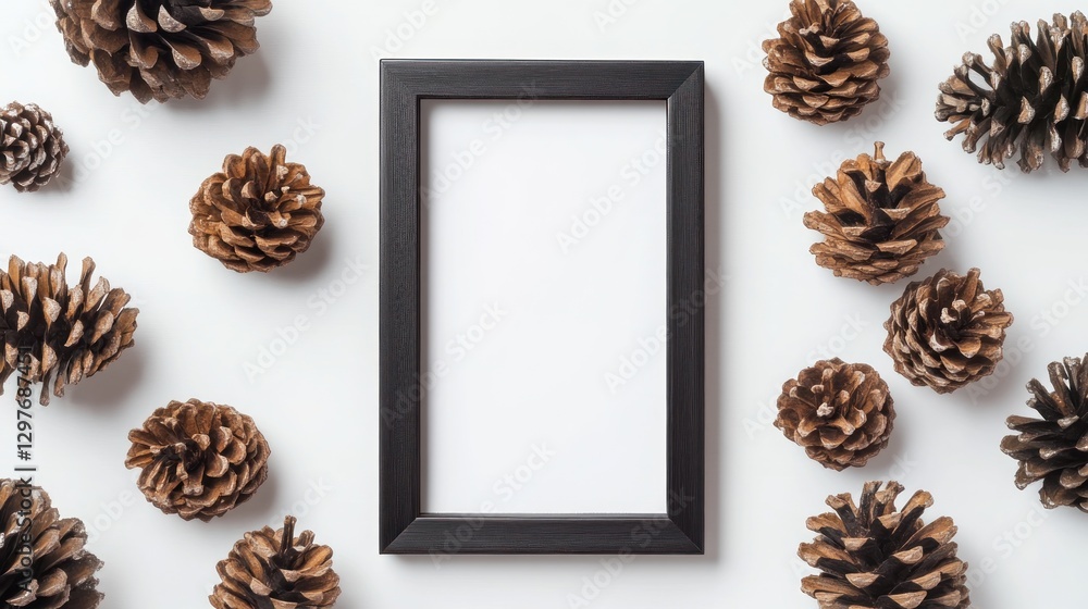 Picture frame with pinecones on a white backdrop. Rustic, centered, simple, inviting, blank space, cozy Picture frame with pinecones on a white backdrop. Rustic, centered, simple, inviting, blank space, cozy