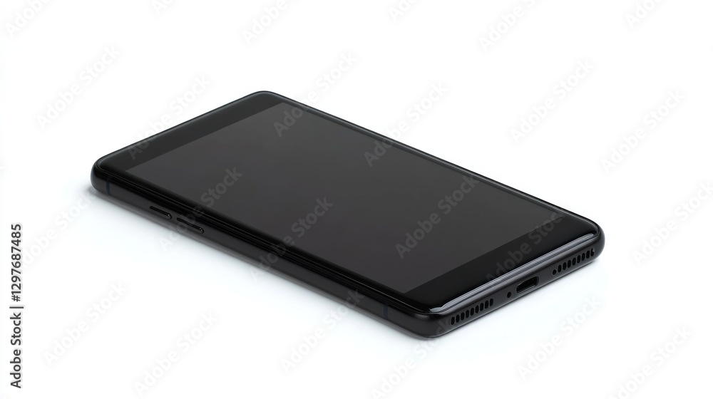 Black cellphone resting diagonally on a clean white surface, creating shadows and a sense of depth Black cellphone resting diagonally on a clean white surface, creating shadows and a sense of depth