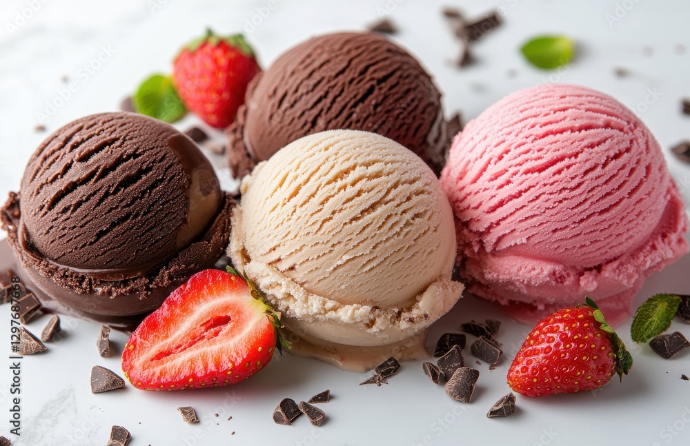 Delicious Assortment of Ice Cream Scoops with Fresh Strawberries and Chocolate Pieces on a Marble Background Delicious Assortment of Ice Cream Scoops with Fresh Strawberries and Chocolate Pieces on a Marble Background