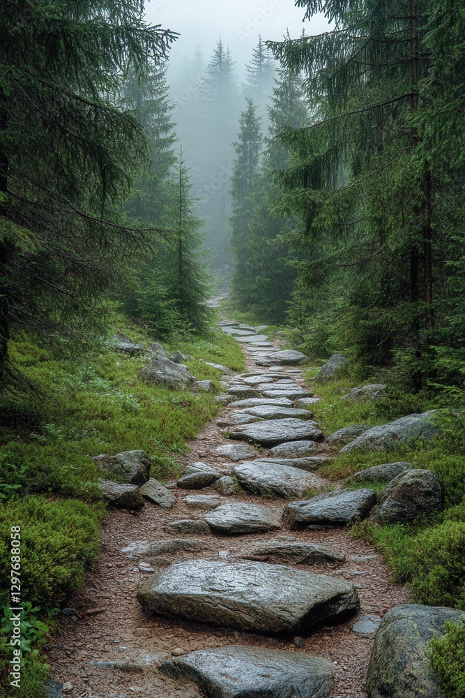 Fototapeta premium Serene stone path winding through a misty forest with tall pine trees creating a peaceful and natural atmosphere ideal for hiking and exploration