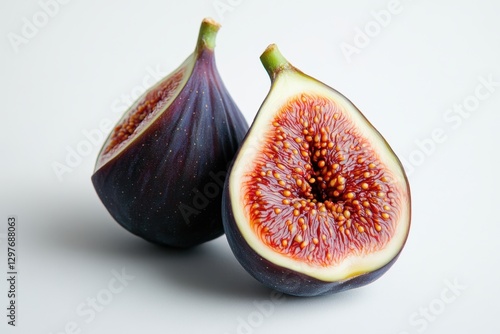 Two purple and red figs are cut in half