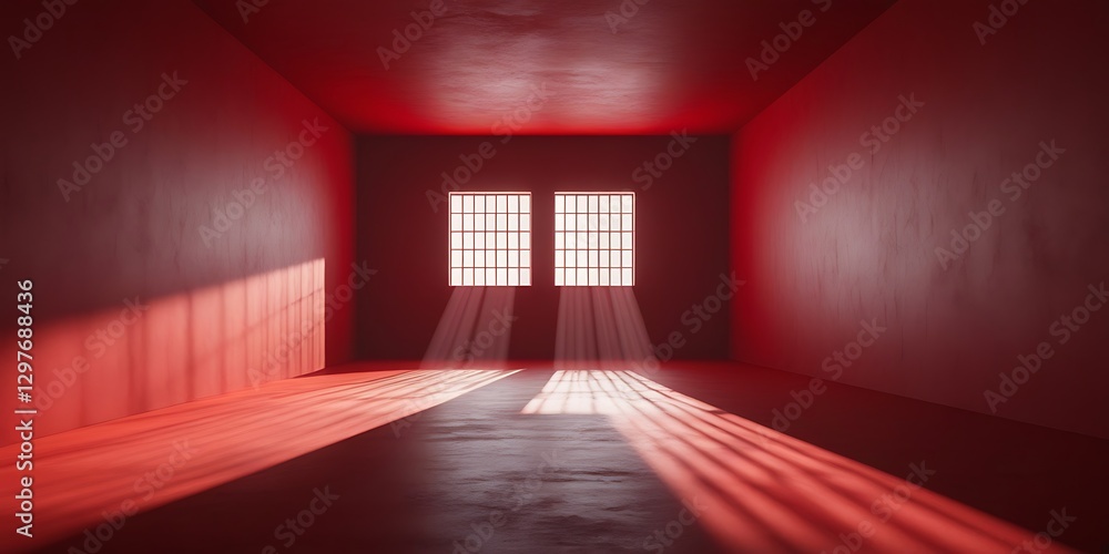 Minimalist red room with a single square window, casting a geometric grid of shadows on the floor, evoking a dramatic and surreal atmosphere
Minimalist red room with a single square window, casting a geometric grid of shadows on the floor, evoking a dramatic and surreal atmosphere