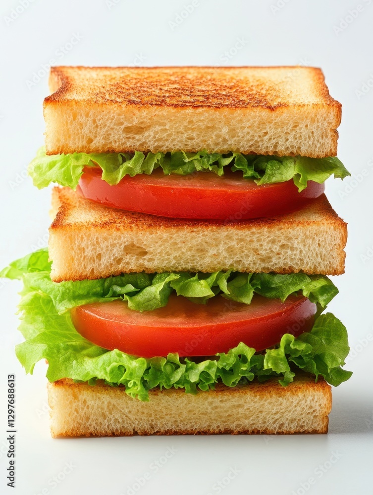 Delicious double decker sandwich with fresh lettuce and ripe tomato slices on toasted bread studio shot Delicious double decker sandwich with fresh lettuce and ripe tomato slices on toasted bread studio shot