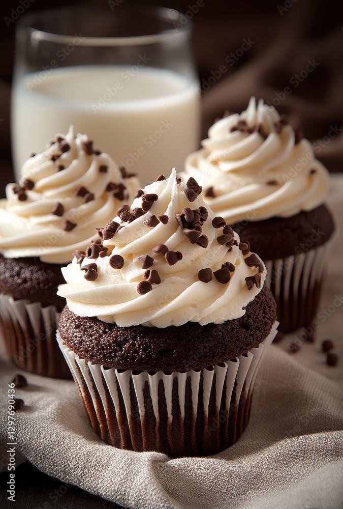 Delicious chocolate cupcakes with creamy frosting and chocolate chips served with a glass of milk on a rustic brown cloth background Delicious chocolate cupcakes with creamy frosting and chocolate chips served with a glass of milk on a rustic brown cloth background