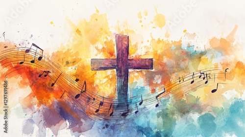 Watercolor Cross with Music Notes Faith, Hope, and Worship
