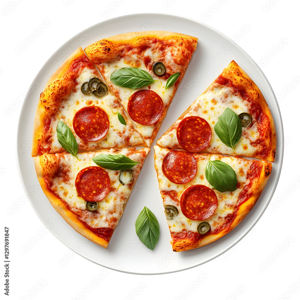 Four slices of pizza on a white plate topped isolated on transparent white background, clipping path, pen tool.
Four slices of pizza on a white plate topped isolated on transparent white background, clipping path, pen tool.