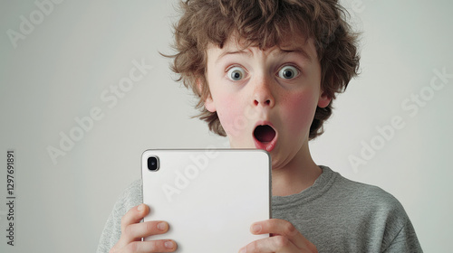 The teenager saw something scary and amazing on the tablet. The kid is holding a tablet in his hands, and his mouth is open, as if he is shocked and in a panic. The concept of discounts, promotions