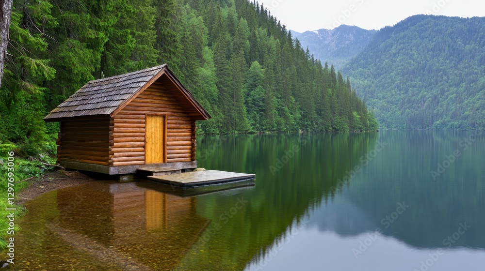 Fototapeta premium Serene Wooden Cabin by Calm Lake Surrounded by Lush Forests