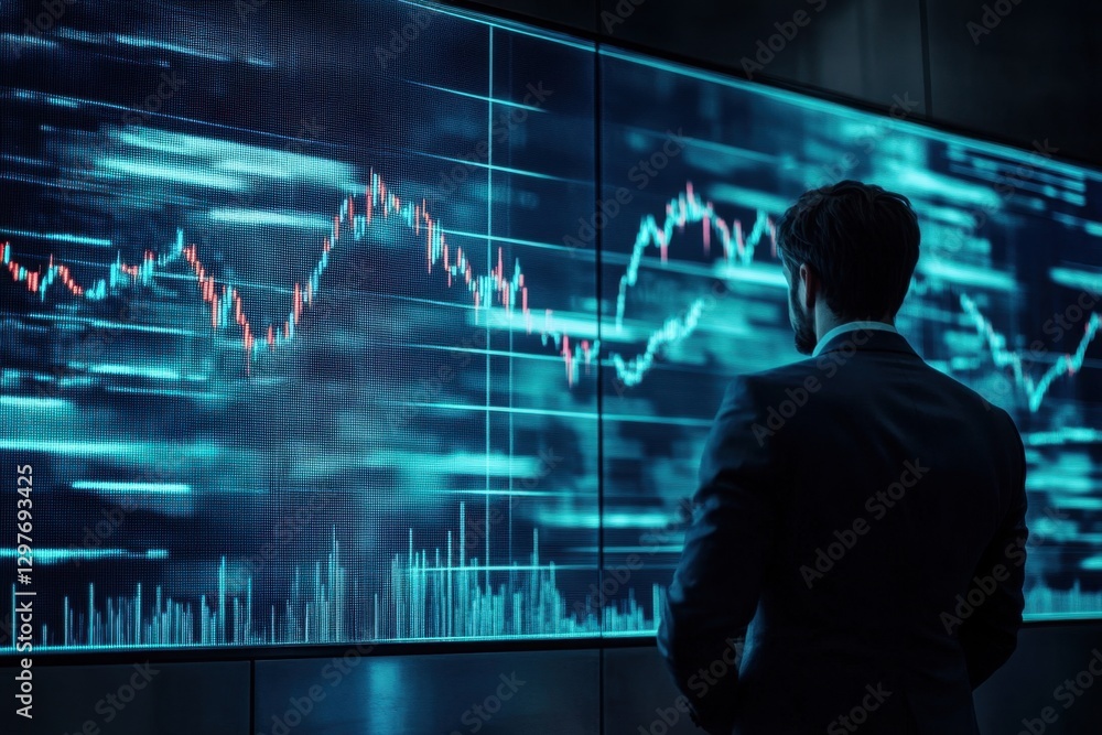 A man is looking at a computer screen with a lot of numbers and graphs A man is looking at a computer screen with a lot of numbers and graphs