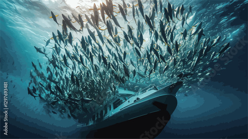 An underwater photograph depicting a large school of fish densely surrounding the lower portion of a submerged vessel. The fish are predominantly dark in color, creating a contrast against the