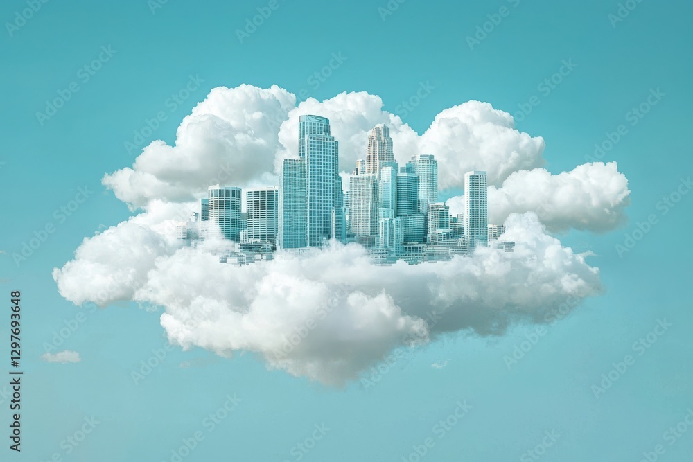 Fototapeta premium Dreamy Urban Skyline Surrounded by Soft Fluffy Clouds in Blue Sky
