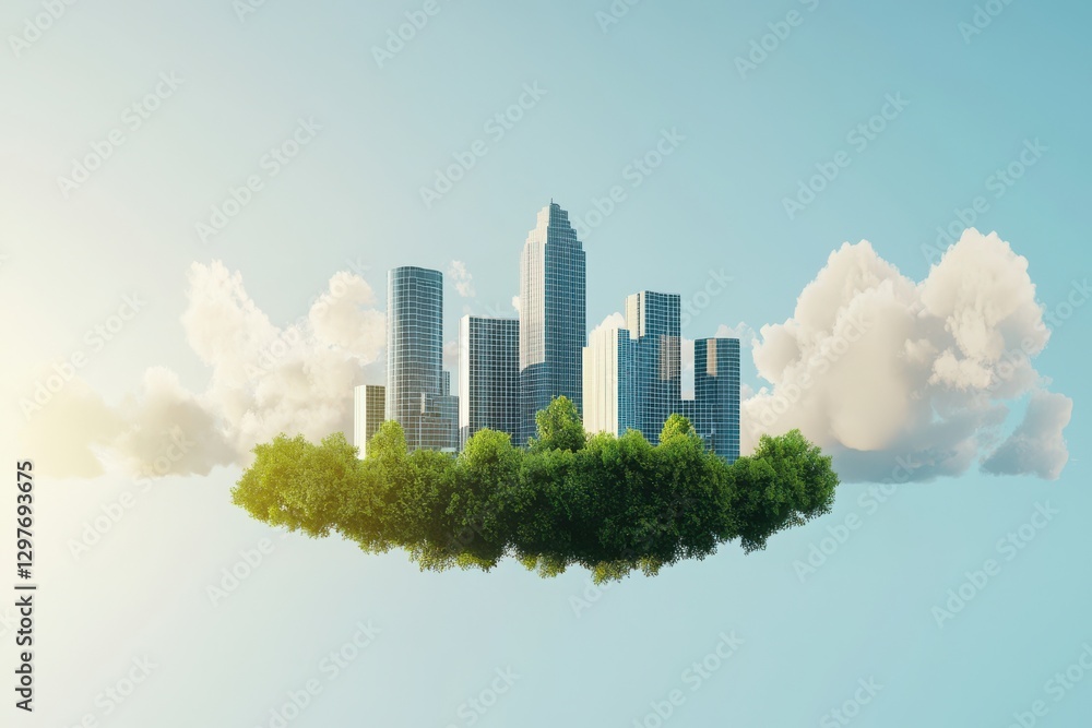 Fototapeta premium Floating City Concept with Lush Greenery and Clear Sky in Background