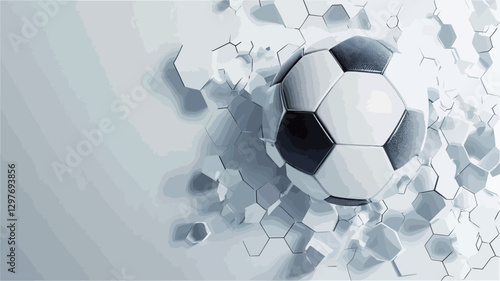 A close-up shot depicts a black and white soccer ball penetrating a light gray wall.  The wall is fracturing and fragmenting around the ball, suggesting forceful impact. The background is a smooth,