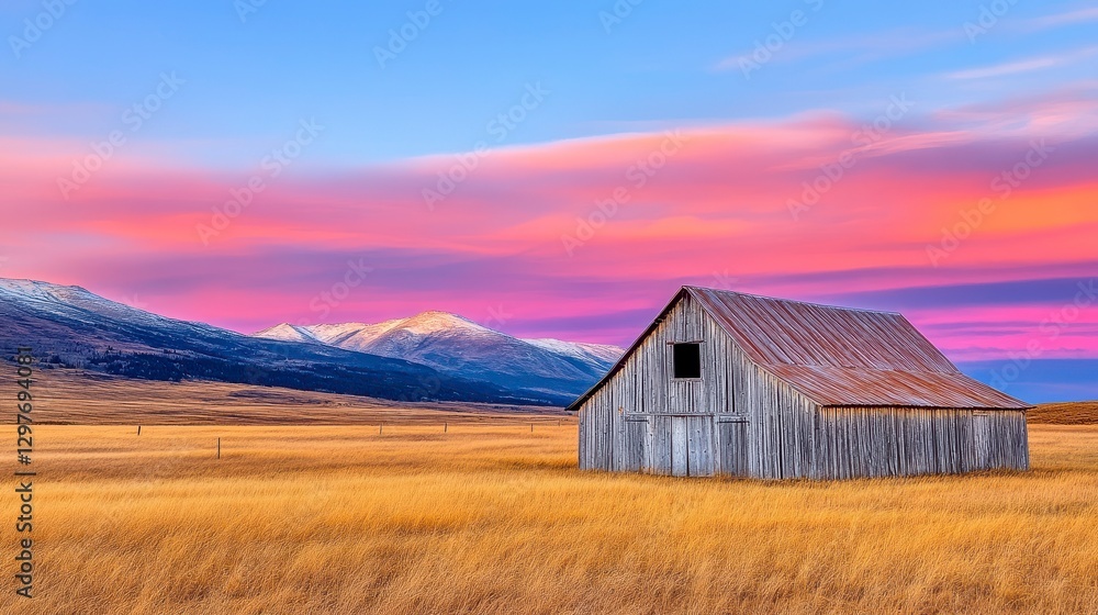 Serene Sunset Over Rustic Barn in Vast Meadow Landscape Serene Sunset Over Rustic Barn in Vast Meadow Landscape