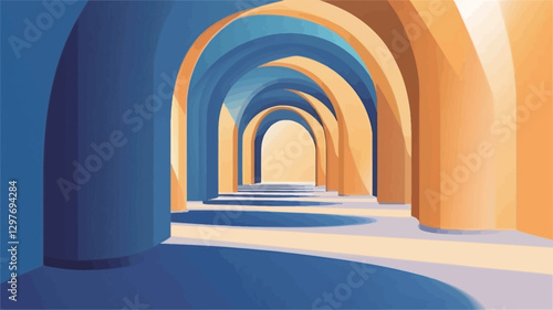 The image depicts a digitally rendered, abstract hallway composed of repeating arches. The arches alternate in color between shades of blue and orange-yellow, creating a vibrant color scheme.  The