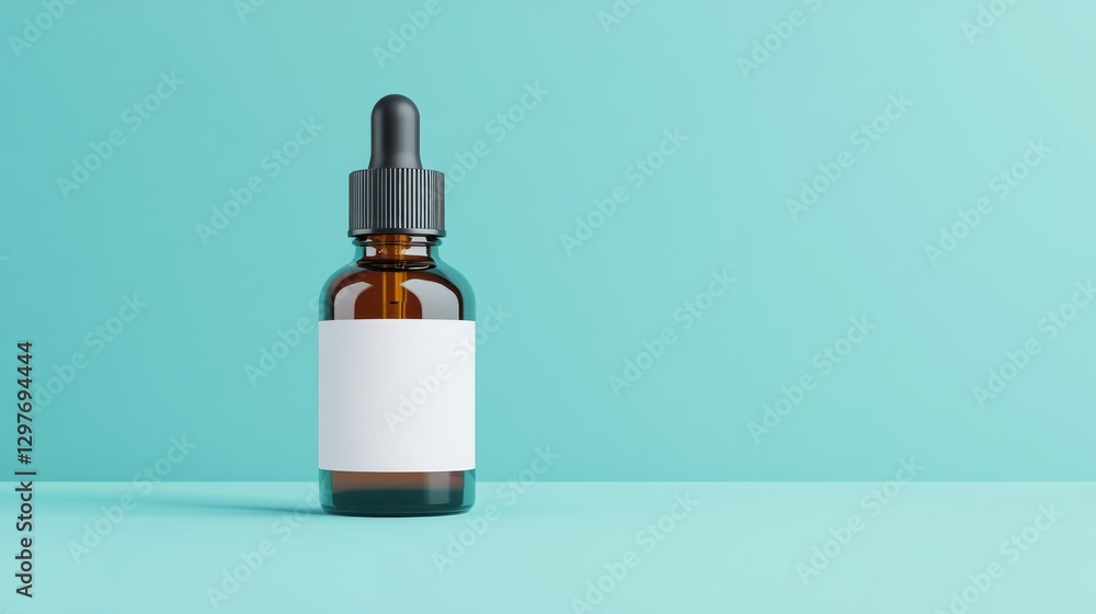 Dropper bottle product mockup on cyan surface. Blank label for essential oil or serum against light turquoise background Dropper bottle product mockup on cyan surface. Blank label for essential oil or serum against light turquoise background