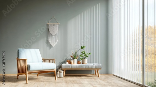 A cozy, light blue armchair with a wooden frame faces left. Its soft, light gray upholstery invites relaxation and comfort photo