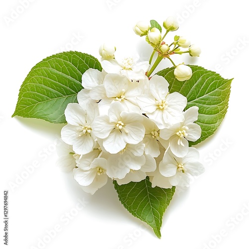 Red berries of viburnum with green leaves isolated on white background