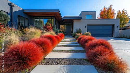 Modern home entrance with fall-colored landscaping photo