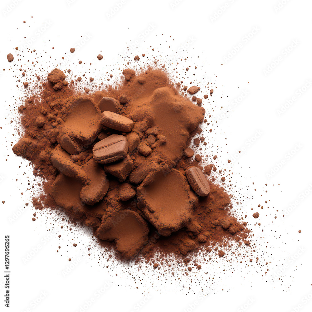 image of a pile of cocoa powder with scattered dust, showcasing the rich texture and fine details of the powder against a clean white background. image of a pile of cocoa powder with scattered dust, showcasing the rich texture and fine details of the powder against a clean white background.