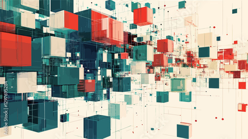 The image is a digital illustration featuring a multitude of three-dimensional cubes in varying shades of red, teal, and off-white.  The cubes are rendered with a slightly glossy texture and appear