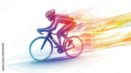 The image is a stylized illustration of a cyclist riding a road bike. The cyclist and bicycle are depicted in a rainbow of colors, with a motion blur effect suggesting high speed.  The background