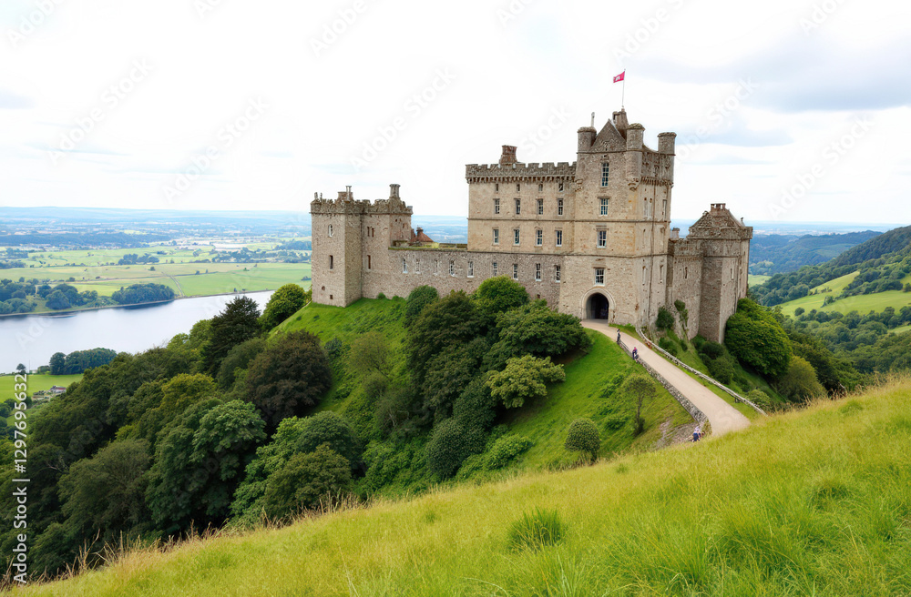 Obraz premium Historic scottish castle on lush hilltop overlooking landscape and river