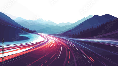 The image depicts a long exposure photograph of a highway winding through a mountain range at night.  The headlights and taillights of moving vehicles create streaks of vibrant purple, pink, and