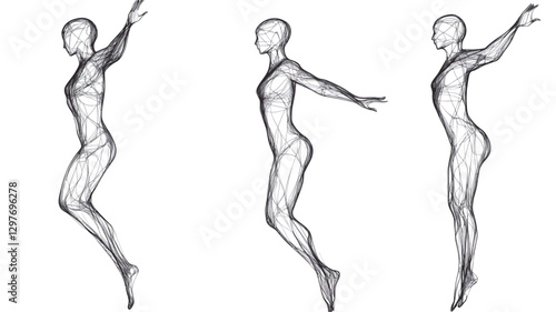 The image contains three grayscale line drawings depicting a stylized human figure in various stages of a jump. The drawings are minimalist, focusing on lines to illustrate the form and movement of