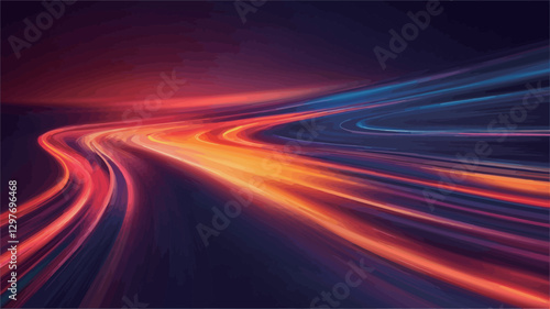 The image is an abstract digital illustration depicting stylized light trails. The trails are predominantly red, orange, and blue, curving and flowing across a dark background. The colors are